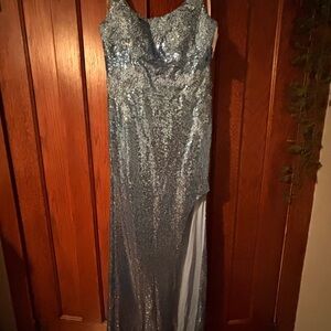 Silver Asymmetrical Gown with Sweetheart Neckline and Sleeveless Design